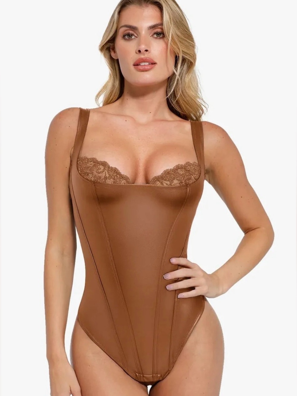 Shapewear Faux Leather Lace Balconette Tummy Control Bodysuit